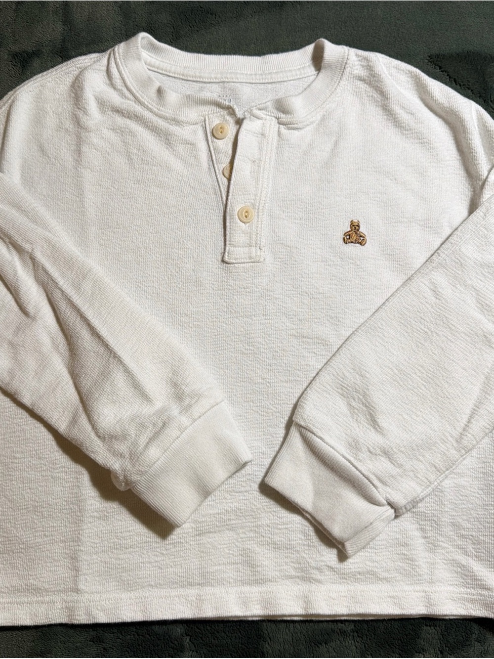 GAP Cream Long-Sleeve Henley with Tiny Bear Embroidery